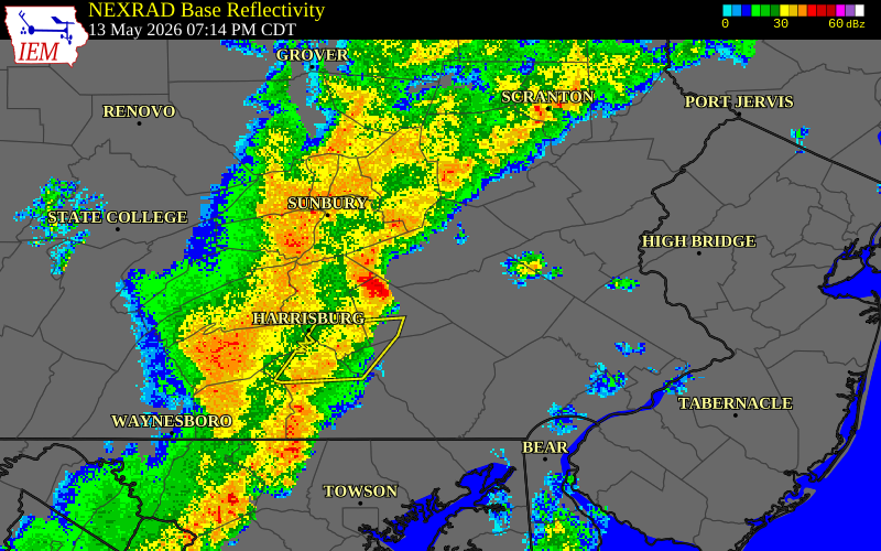 NEXRAD radar during the Wednesday, May 13, 2026 storm activity in Schuylkill County, Pennsylvania