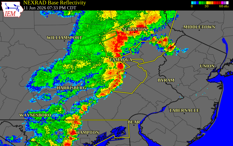 NEXRAD radar during the Thursday, June 11, 2026 storm activity in Schuylkill County, Pennsylvania