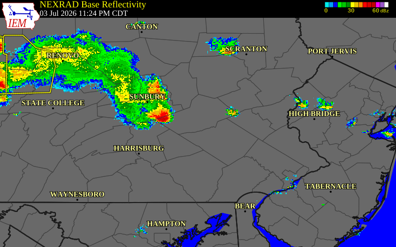 NEXRAD radar during the Saturday, July 4, 2026 storm activity in Schuylkill County, Pennsylvania