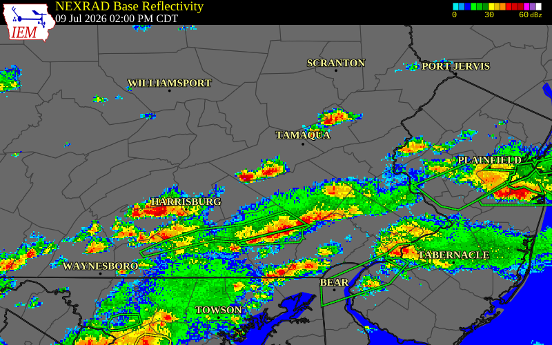 NEXRAD radar during the Thursday, July 9, 2026 storm activity in Schuylkill County, Pennsylvania