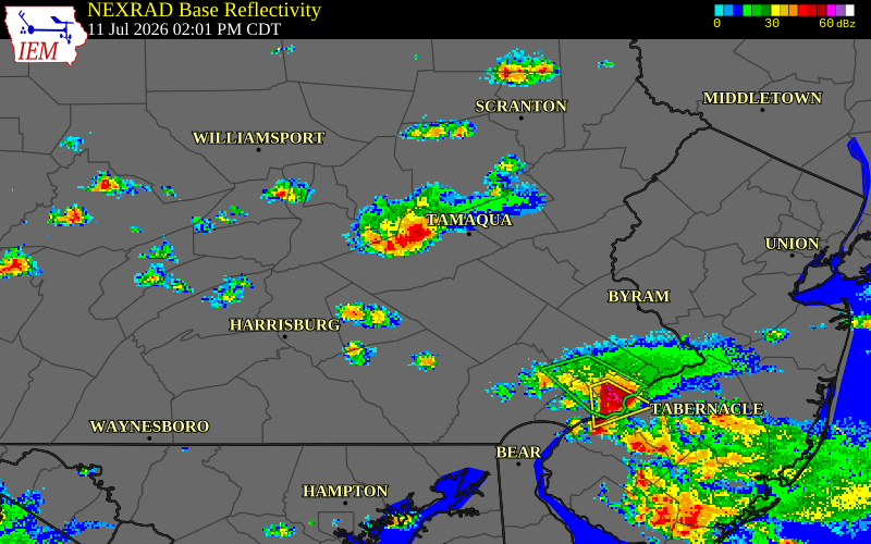 NEXRAD radar during the Saturday, July 11, 2026 storm activity in Schuylkill County, Pennsylvania