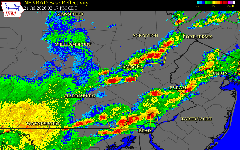 NEXRAD radar during the Tuesday, July 21, 2026 storm activity in Schuylkill County, Pennsylvania