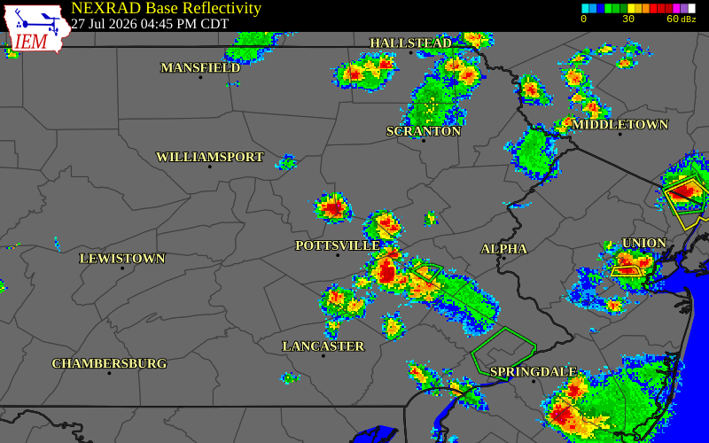 NEXRAD radar during the Monday, July 27, 2026 storm activity in Schuylkill County, Pennsylvania