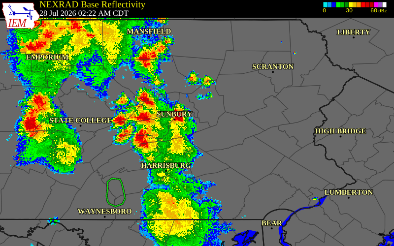NEXRAD radar during the Tuesday, July 28, 2026 storm activity in Schuylkill County, Pennsylvania