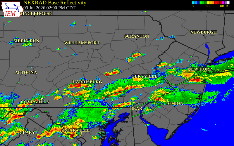 Radar snapshot during the Jul 9, 2026 wind event near Schuylkill County, Schuylkill County, Pennsylvania, with NWS warning polygons