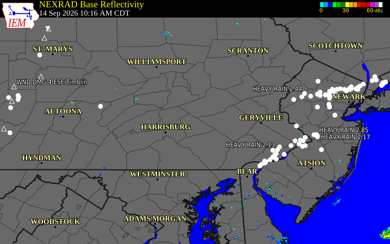 Current NEXRAD radar over Schuylkill County, Pennsylvania with recent storm report locations
