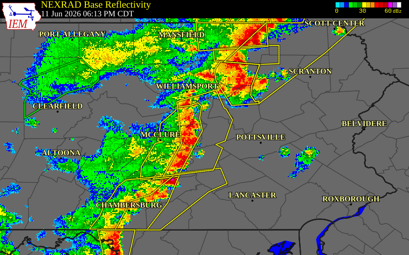 NEXRAD radar during the Thursday, June 11, 2026 storm activity in Snyder County, Pennsylvania