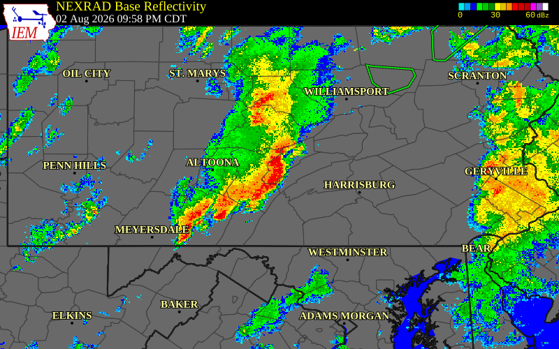 Radar snapshot during the Aug 2, 2026 wind event near Snyder County, Snyder County, Pennsylvania, with NWS warning polygons