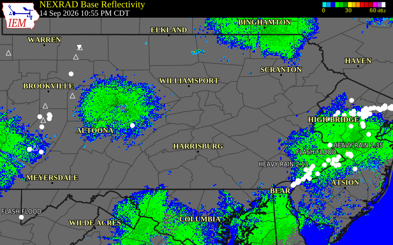 Current NEXRAD radar over Snyder County, Pennsylvania with recent storm report locations