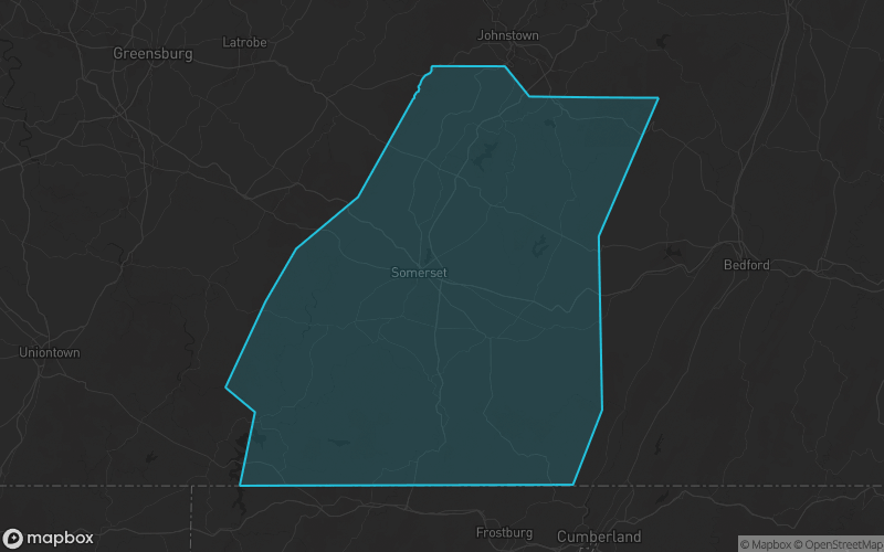 Map of Somerset County, Pennsylvania showing the county boundary and surrounding cities