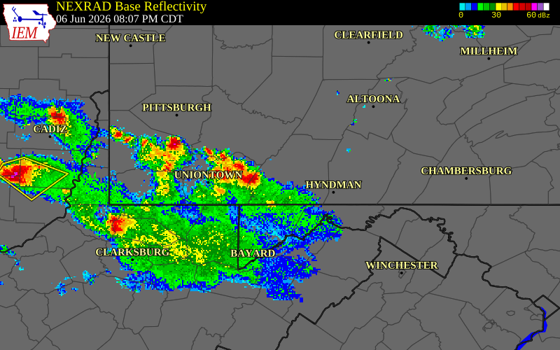NEXRAD radar during the Saturday, June 6, 2026 storm activity in Somerset County, Pennsylvania
