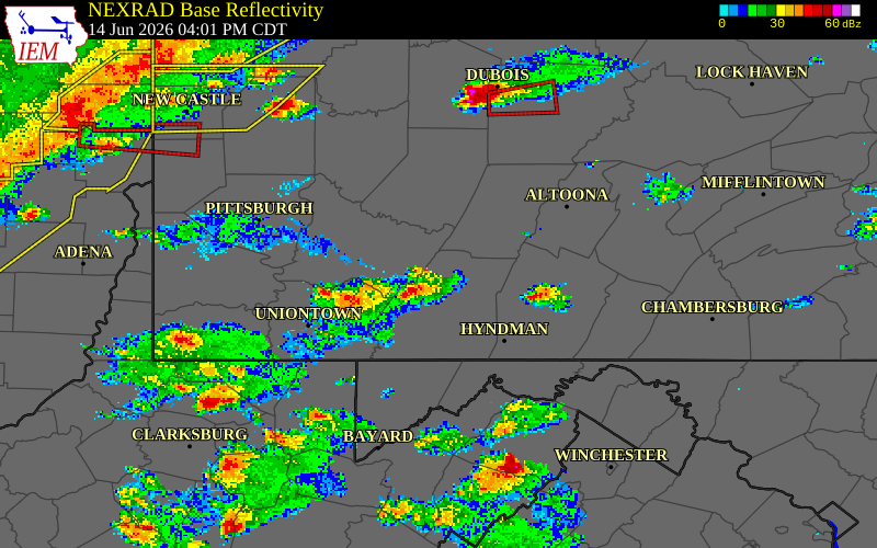 NEXRAD radar during the Sunday, June 14, 2026 storm activity in Somerset County, Pennsylvania