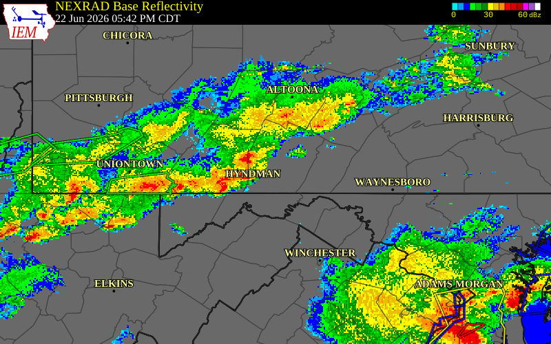 NEXRAD radar during the Monday, June 22, 2026 storm activity in Somerset County, Pennsylvania