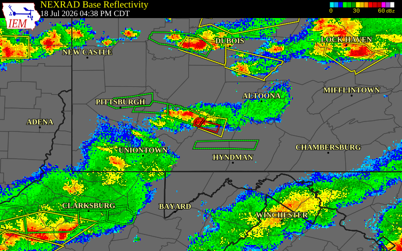 NEXRAD radar during the Saturday, July 18, 2026 storm activity in Somerset County, Pennsylvania