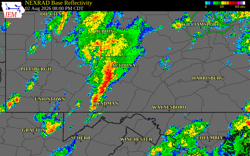 NEXRAD radar during the Sunday, August 2, 2026 storm activity in Somerset County, Pennsylvania