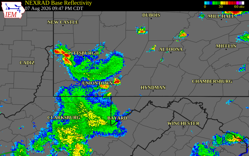 NEXRAD radar during the Friday, August 7, 2026 storm activity in Somerset County, Pennsylvania