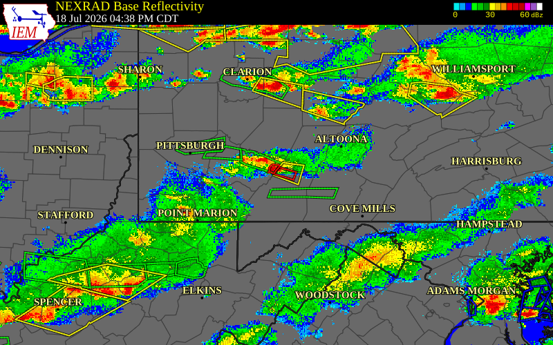 Radar snapshot during the Jul 18, 2026 tornado event near 5 WNW Jerome, Somerset County, Pennsylvania, with NWS warning polygons