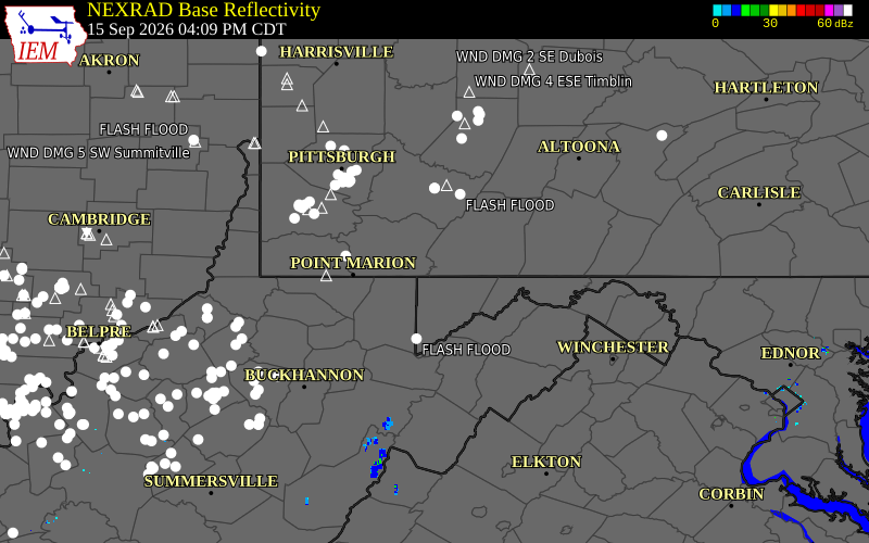 Current NEXRAD radar over Somerset County, Pennsylvania with recent storm report locations