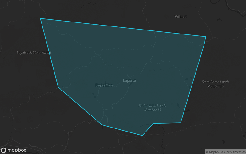 Map of Sullivan County, Pennsylvania showing the county boundary and surrounding cities