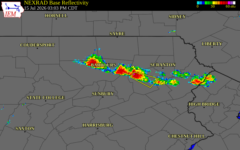 NEXRAD radar during the Wednesday, July 15, 2026 storm activity in Sullivan County, Pennsylvania