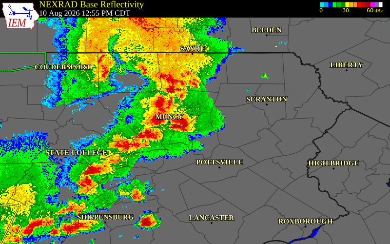 NEXRAD radar during the Monday, August 10, 2026 storm activity in Sullivan County, Pennsylvania