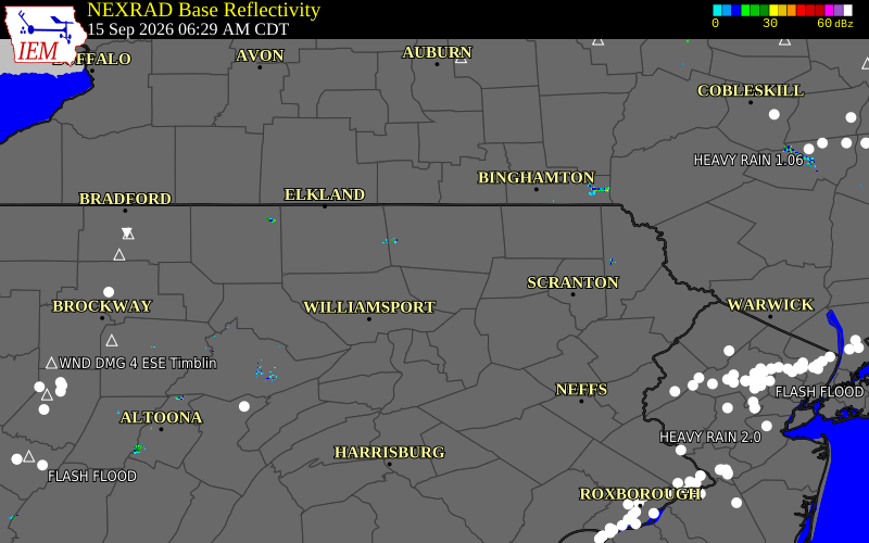 Current NEXRAD radar over Sullivan County, Pennsylvania with recent storm report locations