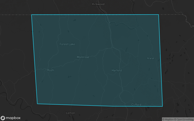 Map of Susquehanna County, Pennsylvania showing the county boundary and surrounding cities