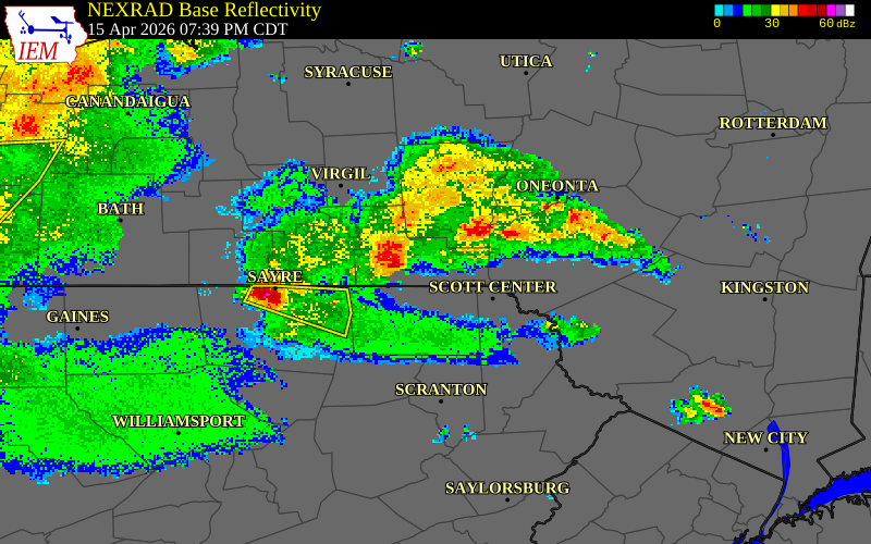 NEXRAD radar during the Wednesday, April 15, 2026 storm activity in Susquehanna County, Pennsylvania