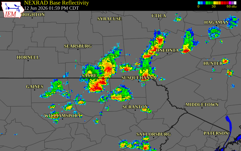 NEXRAD radar during the Friday, June 12, 2026 storm activity in Susquehanna County, Pennsylvania