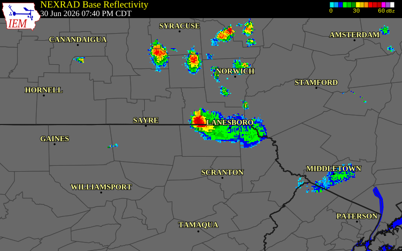 NEXRAD radar during the Tuesday, June 30, 2026 storm activity in Susquehanna County, Pennsylvania