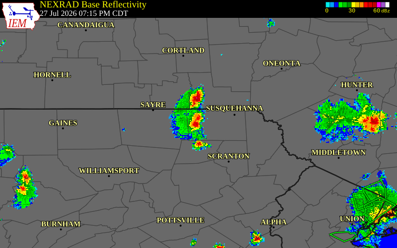 NEXRAD radar during the Monday, July 27, 2026 storm activity in Susquehanna County, Pennsylvania