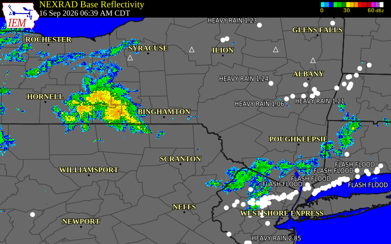 Current NEXRAD radar over Susquehanna County, Pennsylvania with recent storm report locations