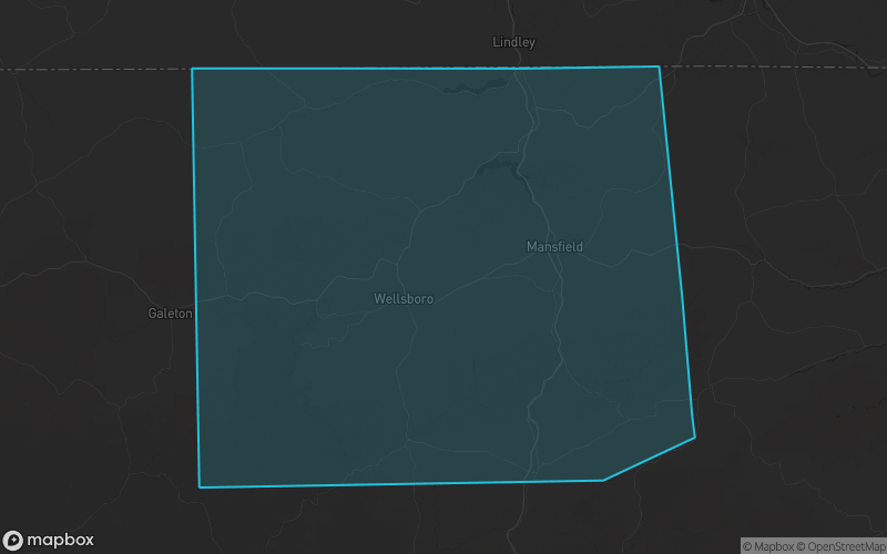 Map of Tioga County, Pennsylvania showing the county boundary and surrounding cities