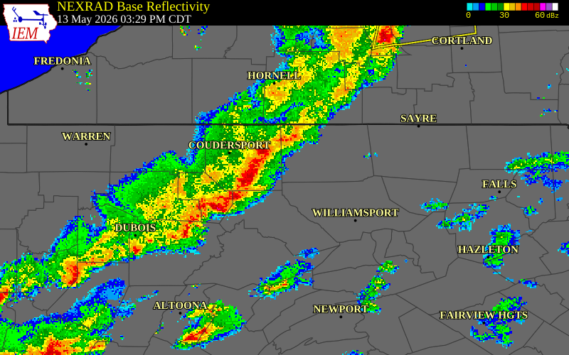NEXRAD radar during the Wednesday, May 13, 2026 storm activity in Tioga County, Pennsylvania