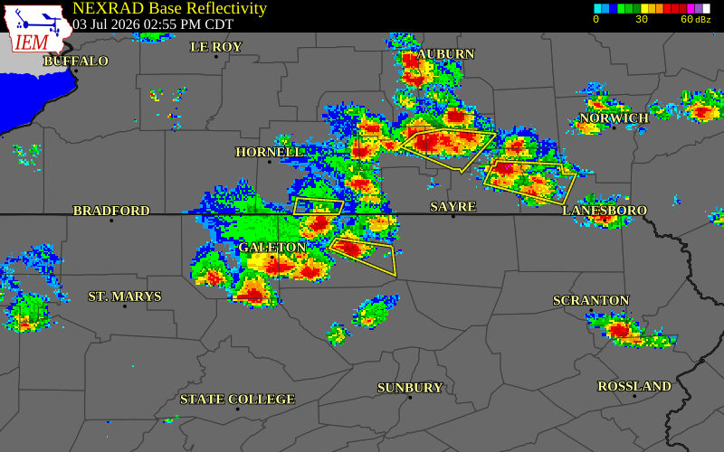 NEXRAD radar during the Friday, July 3, 2026 storm activity in Tioga County, Pennsylvania