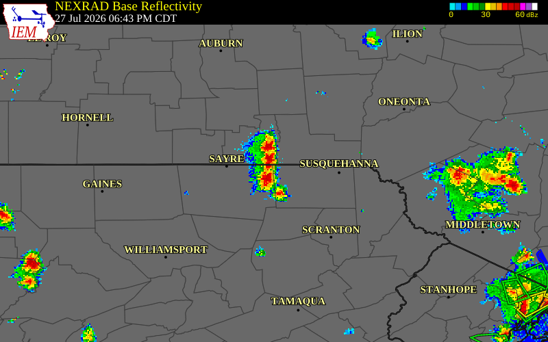 NEXRAD radar during the Monday, July 27, 2026 storm activity in Tioga County, Pennsylvania
