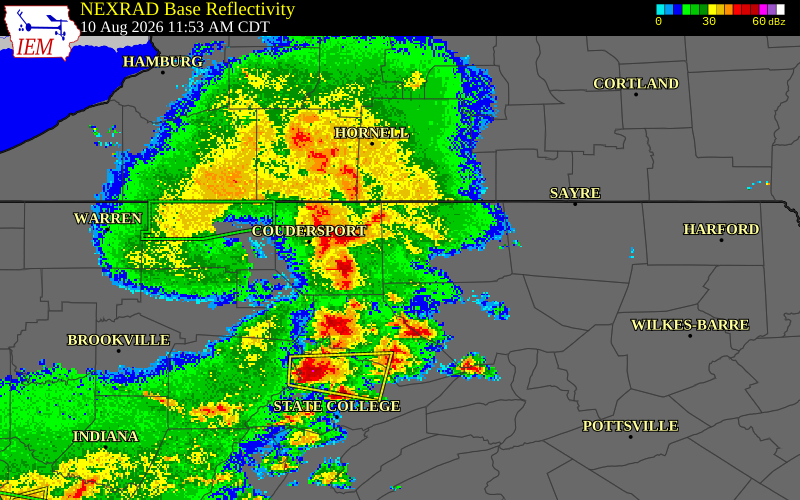 NEXRAD radar during the Monday, August 10, 2026 storm activity in Tioga County, Pennsylvania