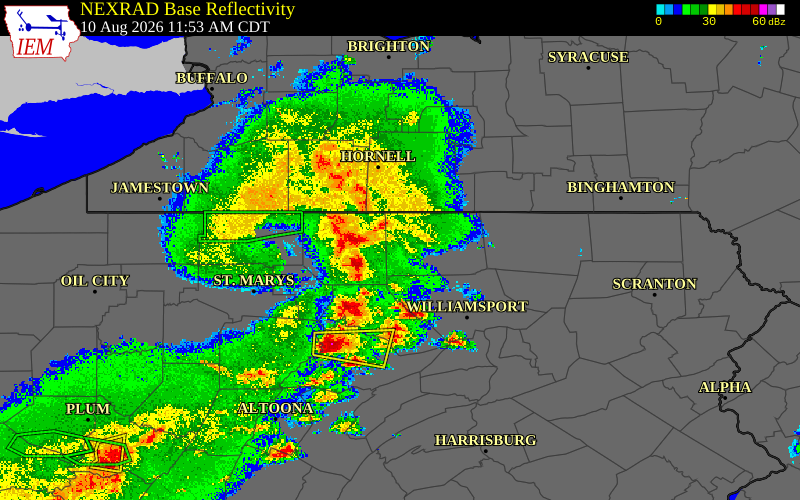 Radar snapshot during the Aug 10, 2026 wind event near Tioga County, Tioga County, Pennsylvania, with NWS warning polygons