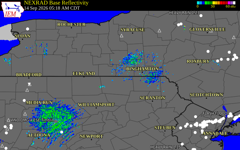 Current NEXRAD radar over Tioga County, Pennsylvania with recent storm report locations