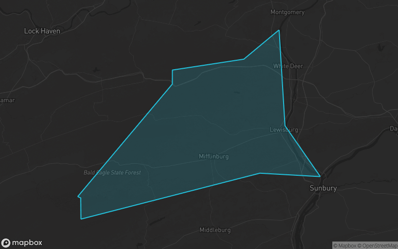 Map of Union County, Pennsylvania showing the county boundary and surrounding cities