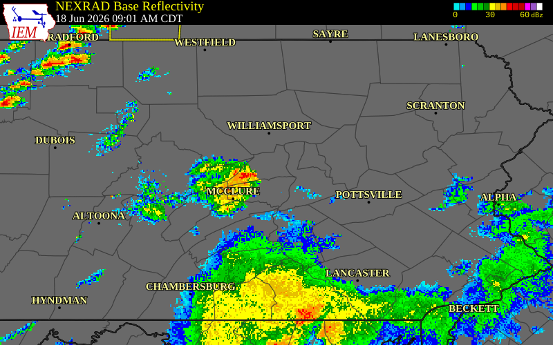 NEXRAD radar during the Thursday, June 18, 2026 storm activity in Union County, Pennsylvania