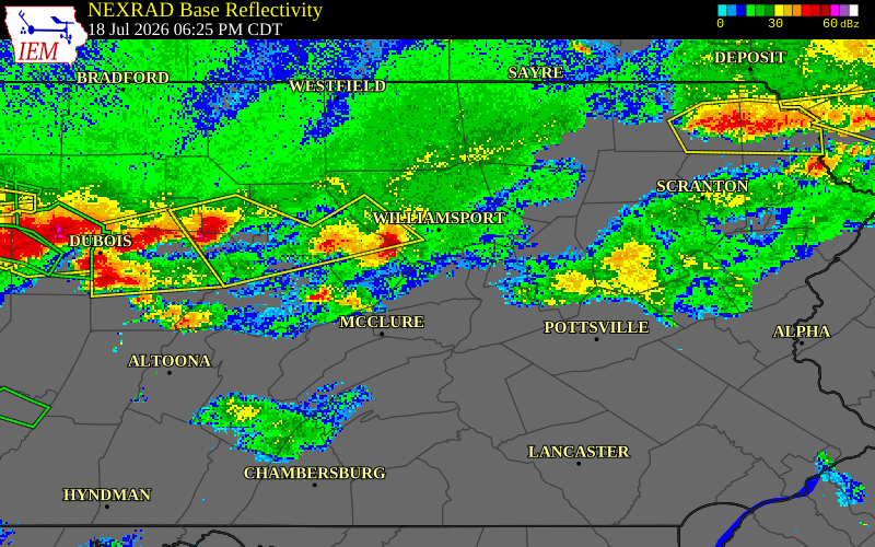 NEXRAD radar during the Saturday, July 18, 2026 storm activity in Union County, Pennsylvania