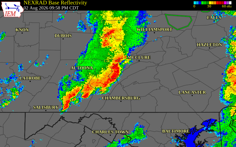 NEXRAD radar during the Sunday, August 2, 2026 storm activity in Union County, Pennsylvania