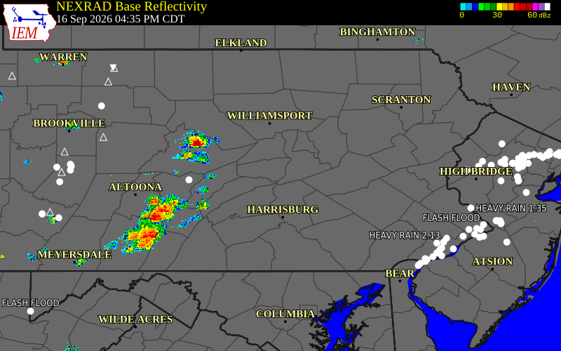 Current NEXRAD radar over Union County, Pennsylvania with recent storm report locations
