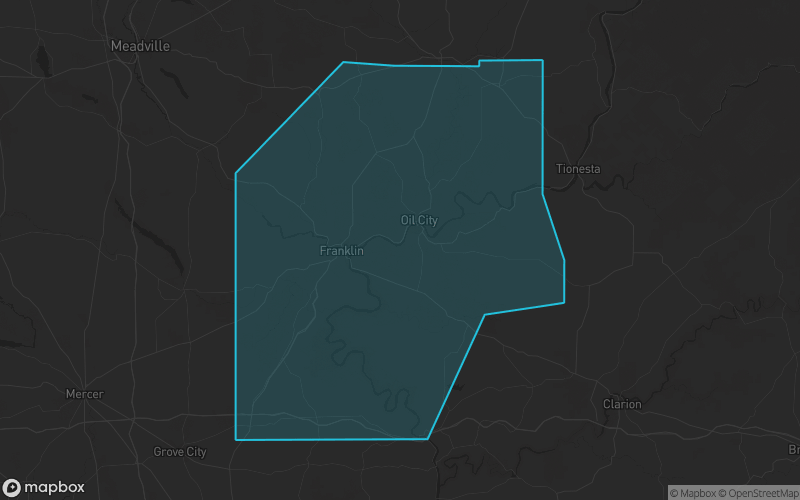 Map of Venango County, Pennsylvania showing the county boundary and surrounding cities