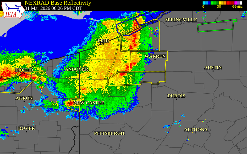 NEXRAD radar during the Tuesday, March 31, 2026 storm activity in Venango County, Pennsylvania