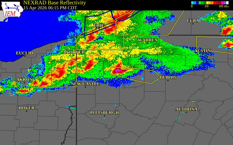 NEXRAD radar during the Wednesday, April 15, 2026 storm activity in Venango County, Pennsylvania
