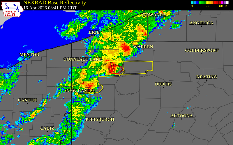 NEXRAD radar during the Thursday, April 16, 2026 storm activity in Venango County, Pennsylvania