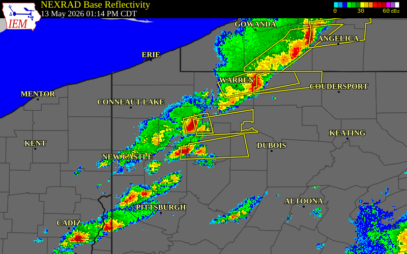 NEXRAD radar during the Wednesday, May 13, 2026 storm activity in Venango County, Pennsylvania