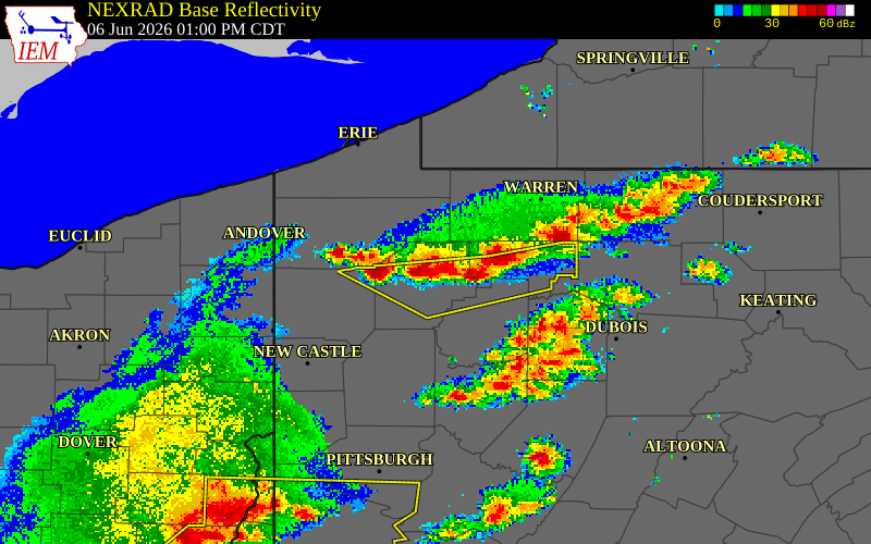 NEXRAD radar during the Saturday, June 6, 2026 storm activity in Venango County, Pennsylvania